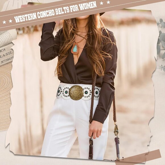 ⚡Women Western Leather Concho Cowgirl Disc Belt Boho Wide Country Waist Belt - Picture 3 of 7